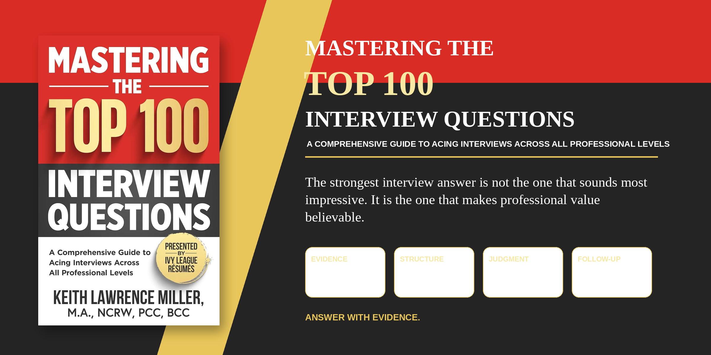 Mastering the Top 100 Interview Questions hero graphic using the official existing cover and the themes evidence, structure, judgment, and follow-up readiness