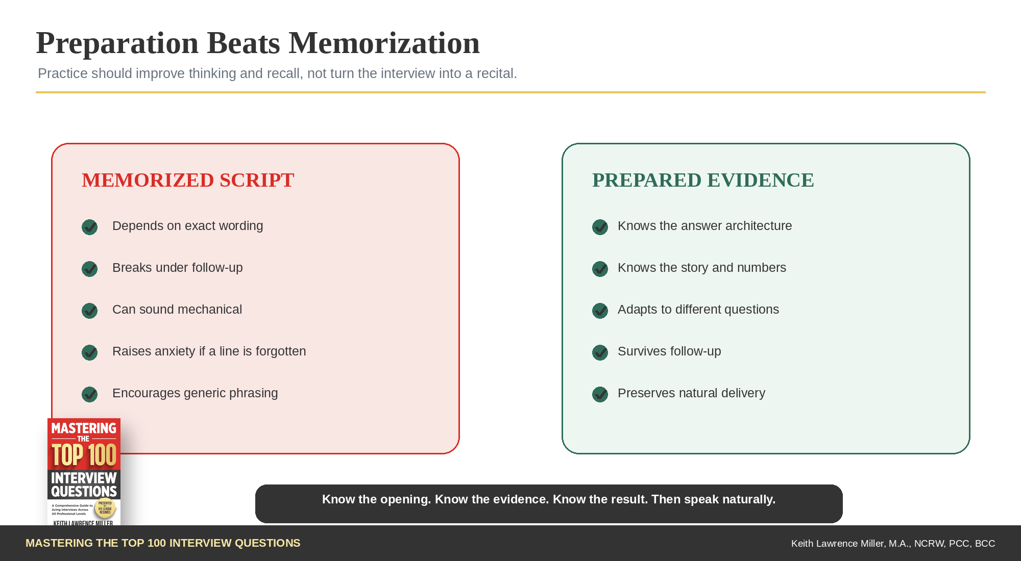 Preparation versus Memorization graphic contrasting fragile scripted answers with adaptable prepared evidence