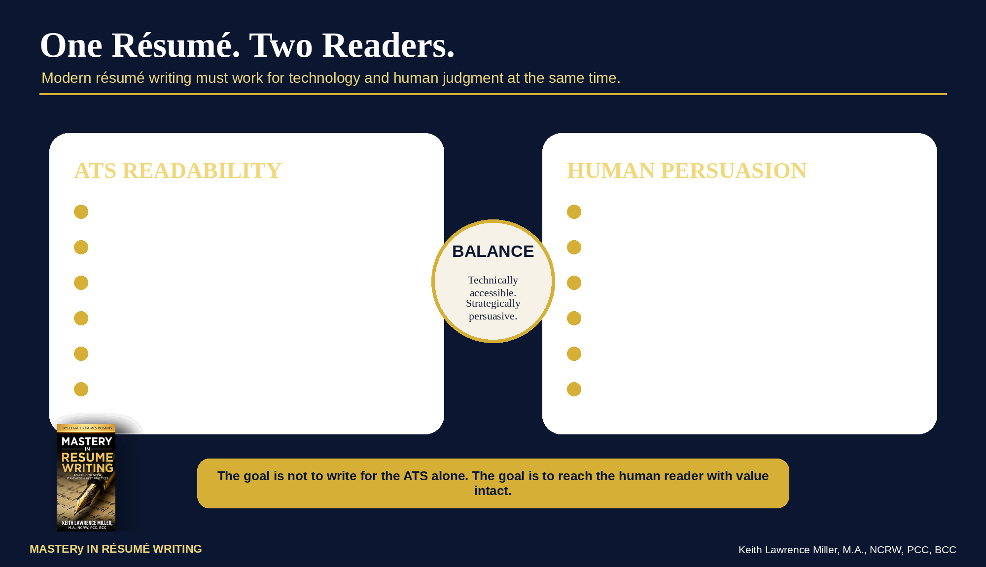 One Résumé Two Readers graphic balancing ATS readability with human persuasion