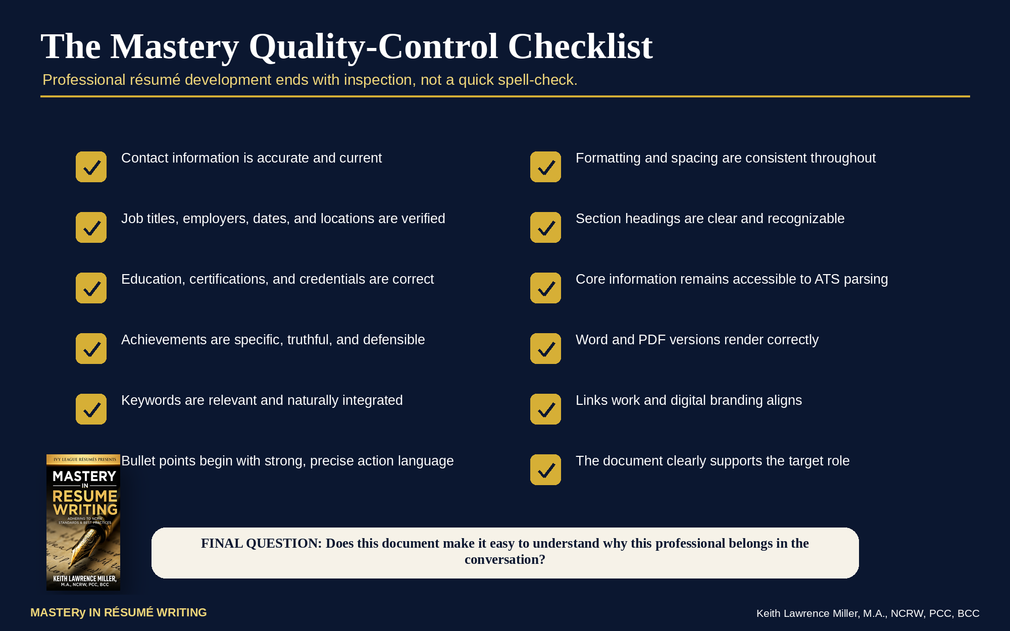 Mastery résumé quality-control checklist covering facts, achievements, keywords, formatting, ATS readability, links, and target alignment
