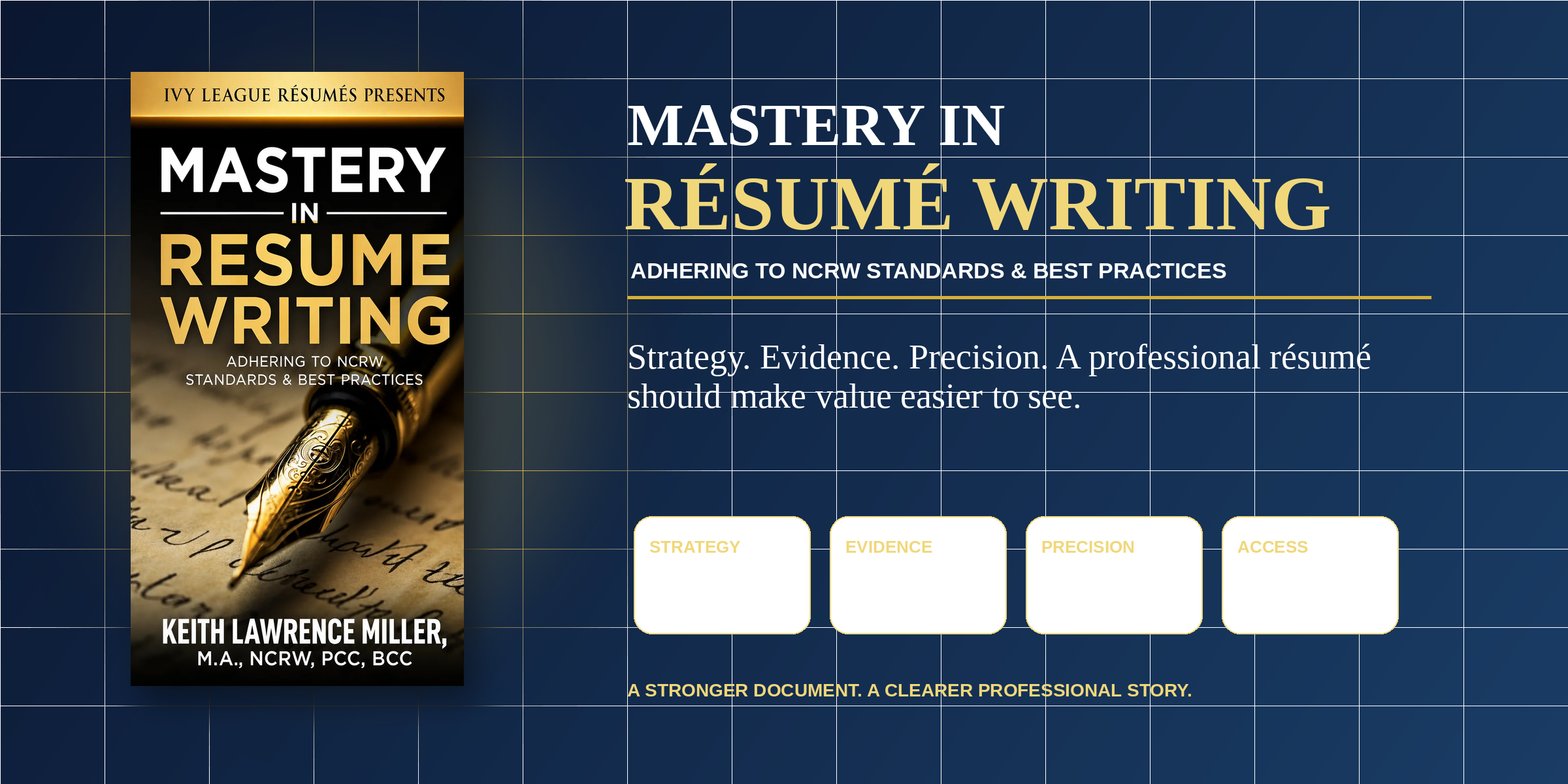 Mastery in Résumé Writing hero graphic using the official book cover with strategy, evidence, precision, and accessibility themes