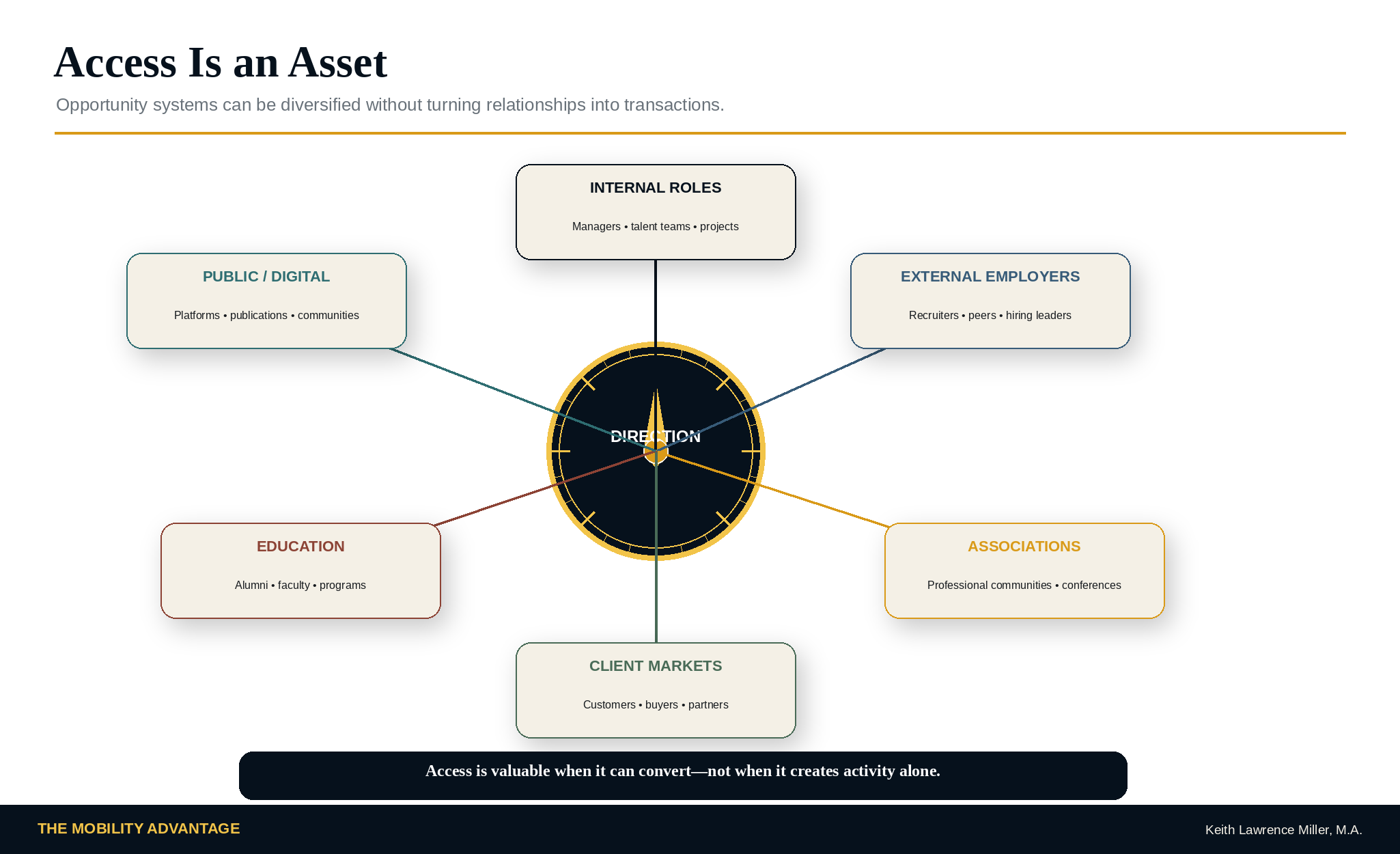 Access Portfolio showing internal roles, external employers, associations, client markets, education, and public or digital systems