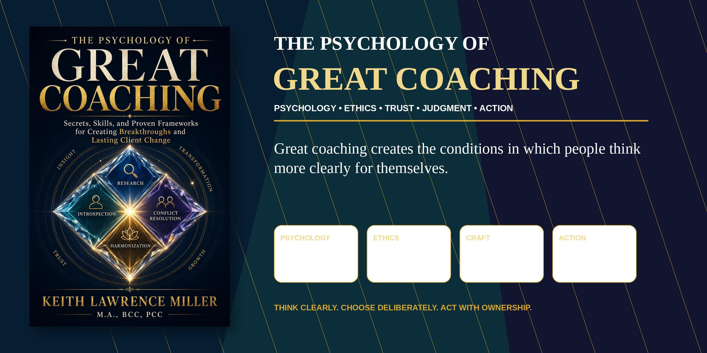 The Psychology of Great Coaching hero banner using the official existing book cover and the themes psychology, ethics, craft, and action