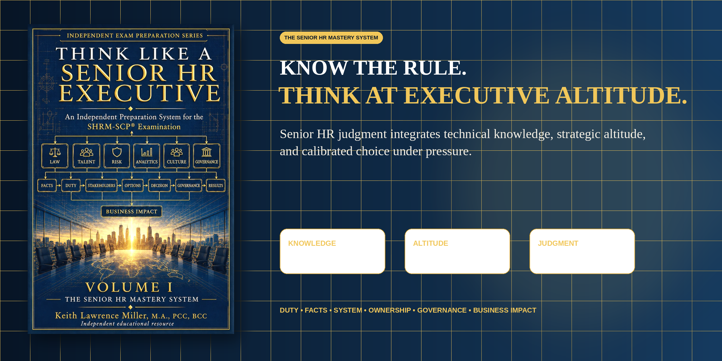 Think Like a Senior HR Executive Volume I premium hero graphic using the official existing cover